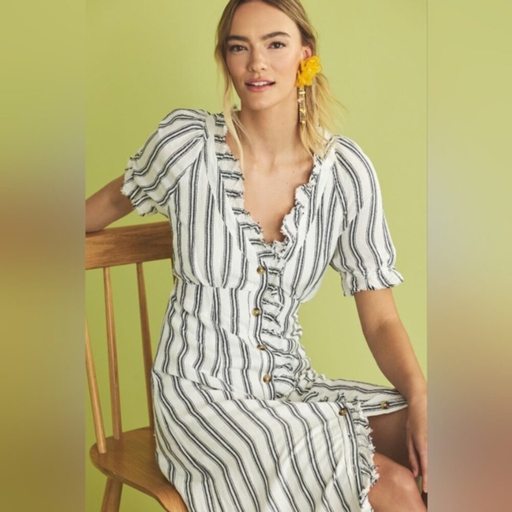 Anthropology Pilcro Ruffled Striped Linen Shirt Dress
